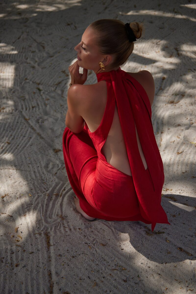 Laura Goji Red Linen Halter Neck Dress