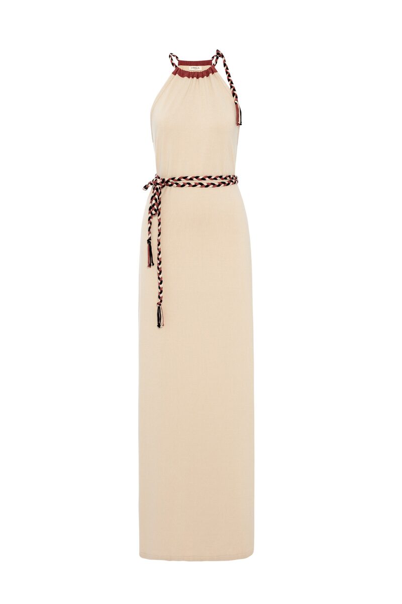 Gaia Beige Braided Belt Jersey Maxi Dress