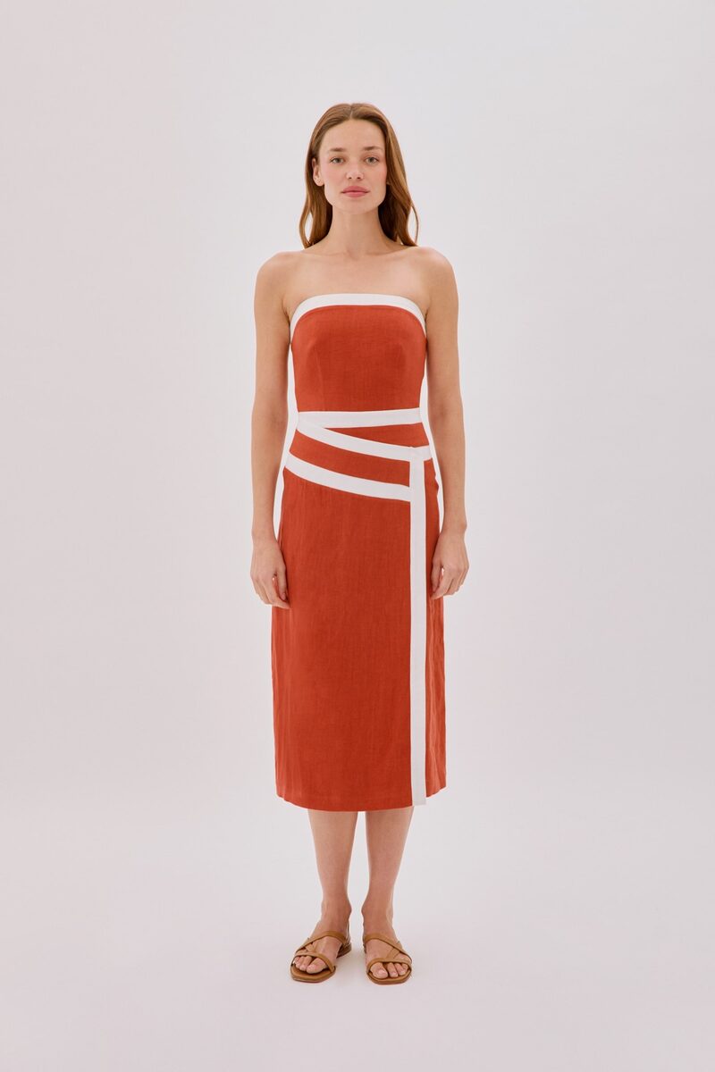 Elena Strapless Terracotta Linen Tape Dress