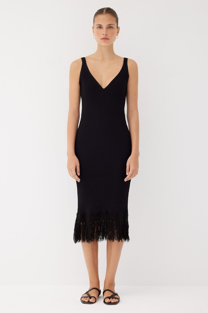 Elise Black Fringe Midi Dress