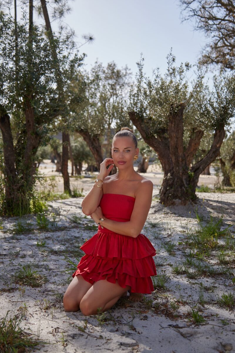 Mila Goji Red Linen Strapless Mini Ruffle Dress