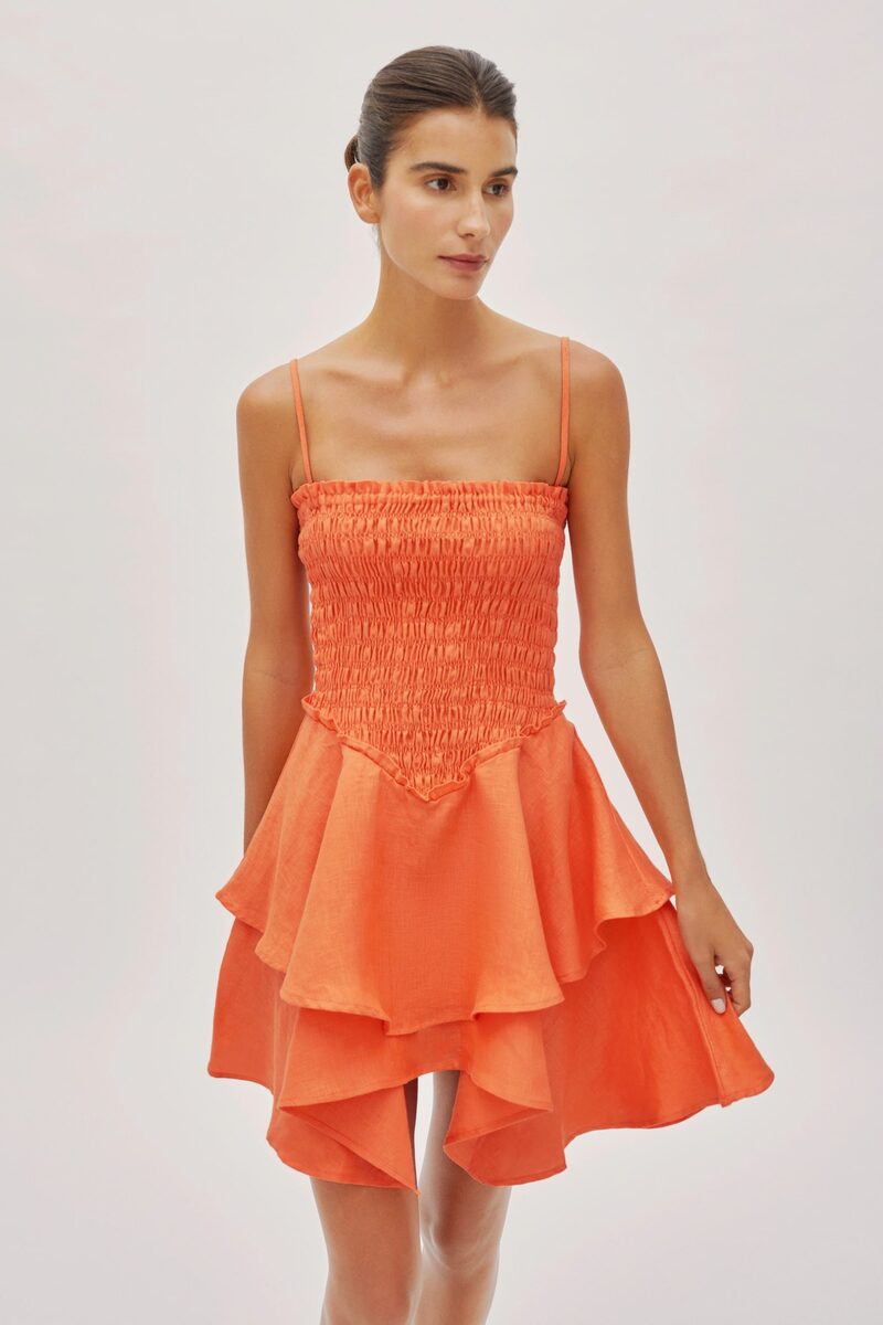 Sorrento Citrus Orange Linen Shirred Mini Dress