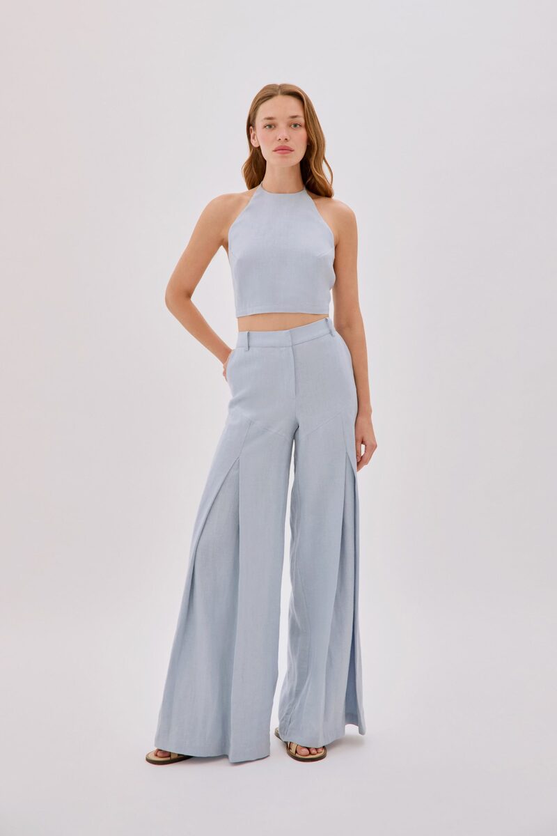 Polly Dusty Blue Linen Open Flare Pants