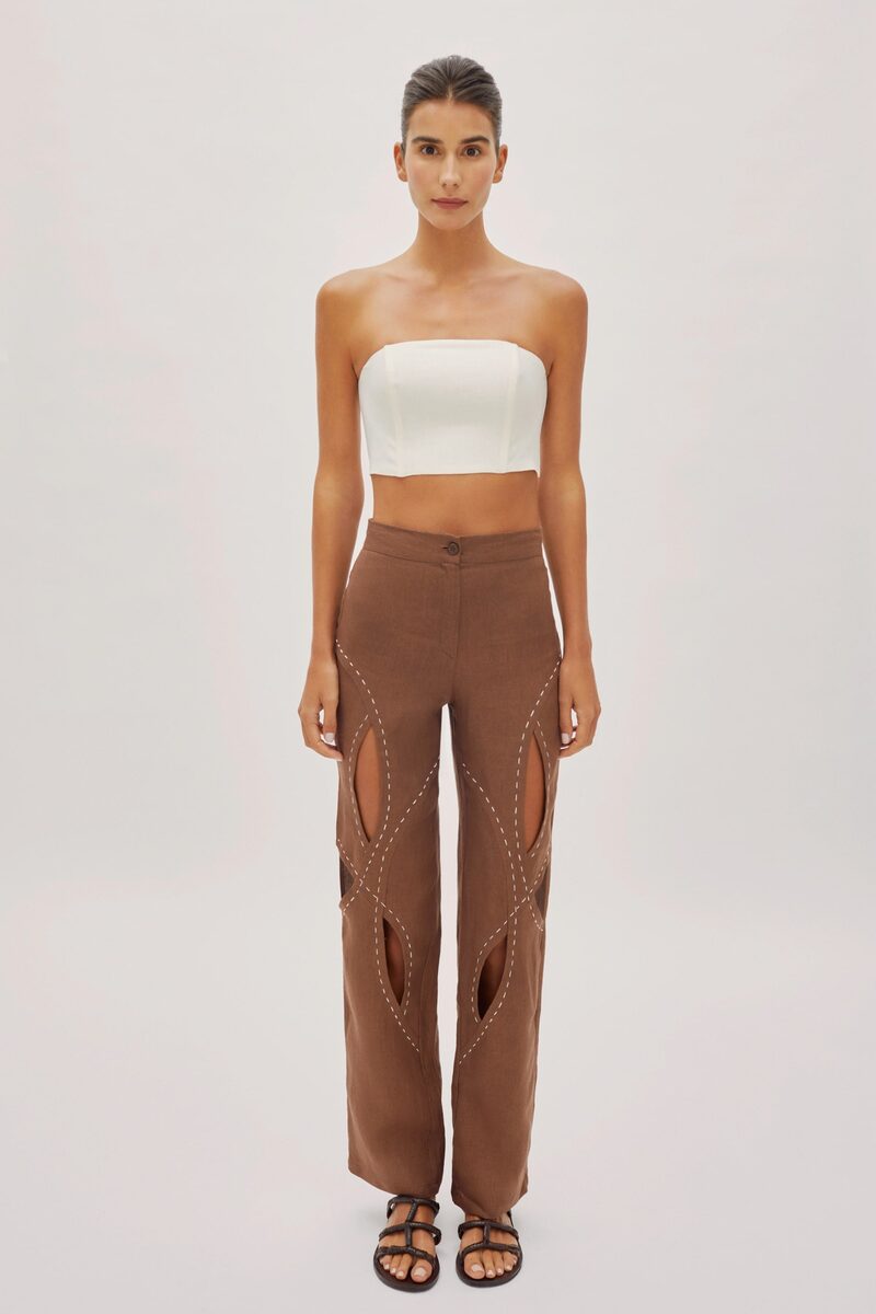 Asher Cappuccino Linen Cut Out Contrast Stitch Pants