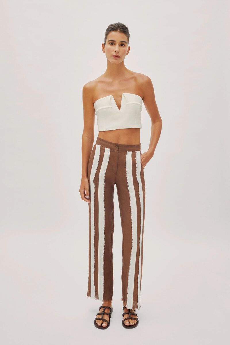 Delphine Cappuccino and White Linen Fringe Striped Trousers