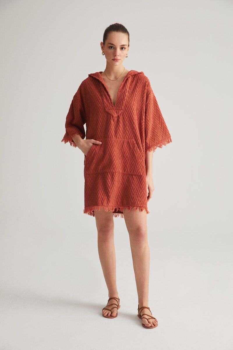 Terracotta Zig Zag Terry Hooded Dress