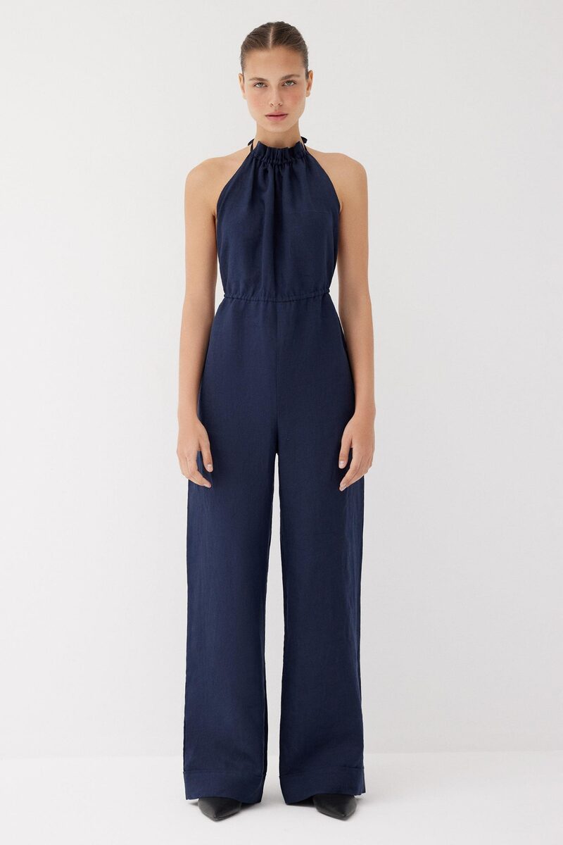 Maya Navy Linen Open Back Jumpsuit