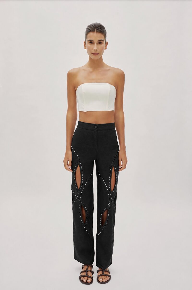 Asher Black Linen Cut Out Contrast Stitch Pants
