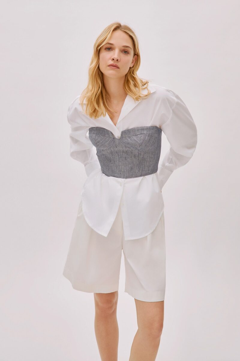 Storm Blue Striped Linen-Blend Bustier Top