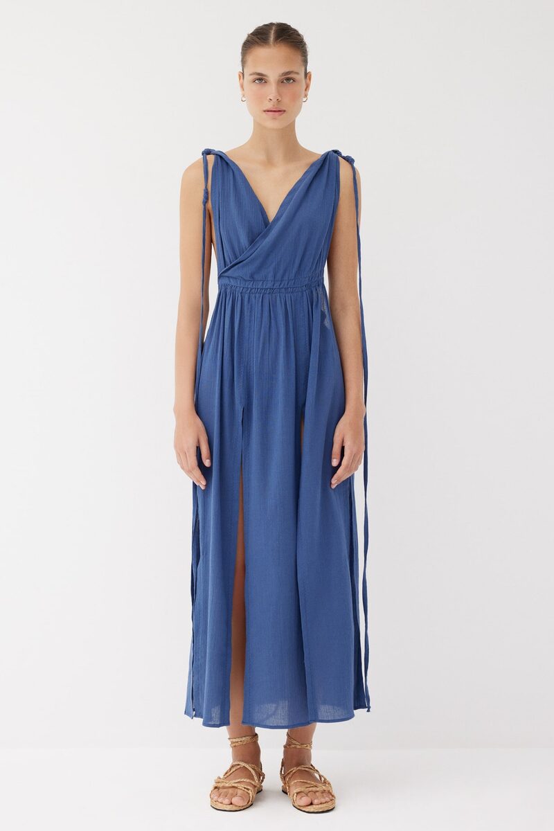 Ava Indigo Cotton Adjustable Shoulder Dress