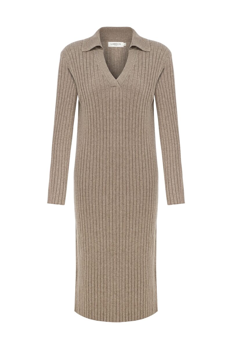 Naomi Coffee V Neck Cashmere-Blend Midi Dress