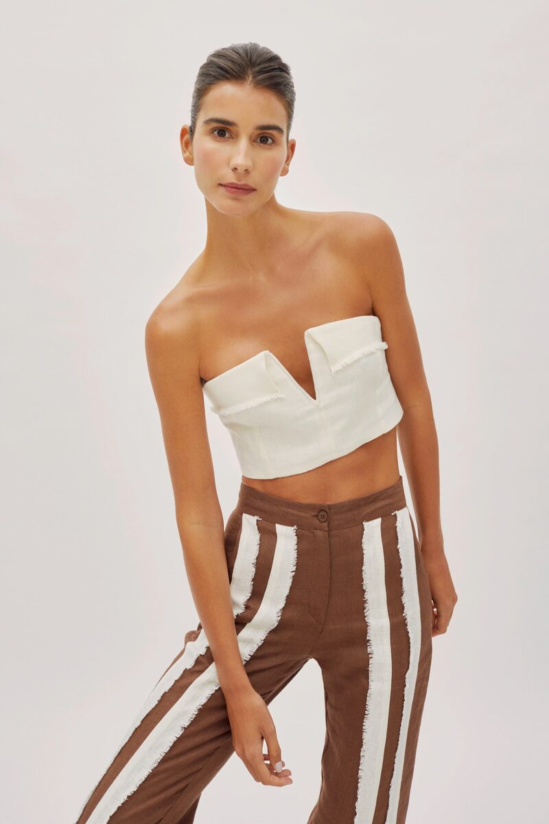 Dune Off-White Linen Fringe V Neck Crop Top