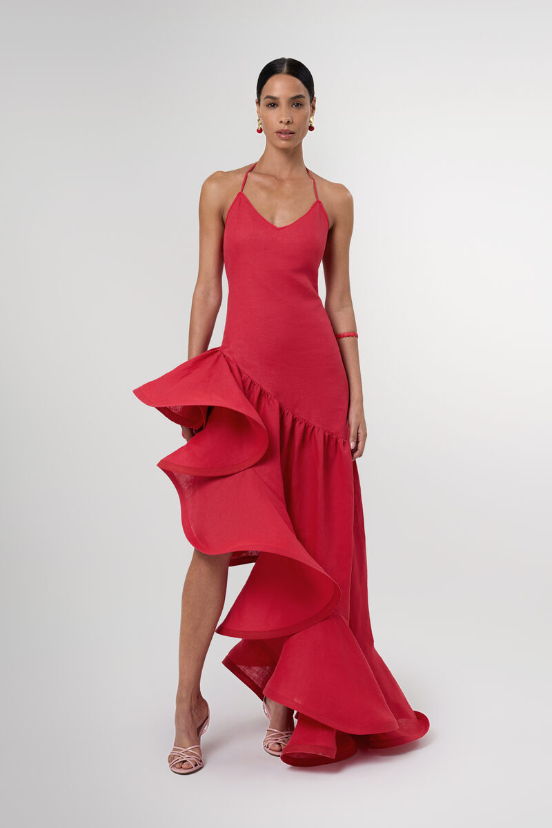 Sahra Red Asymmetric Structured Linen Maxi Dress