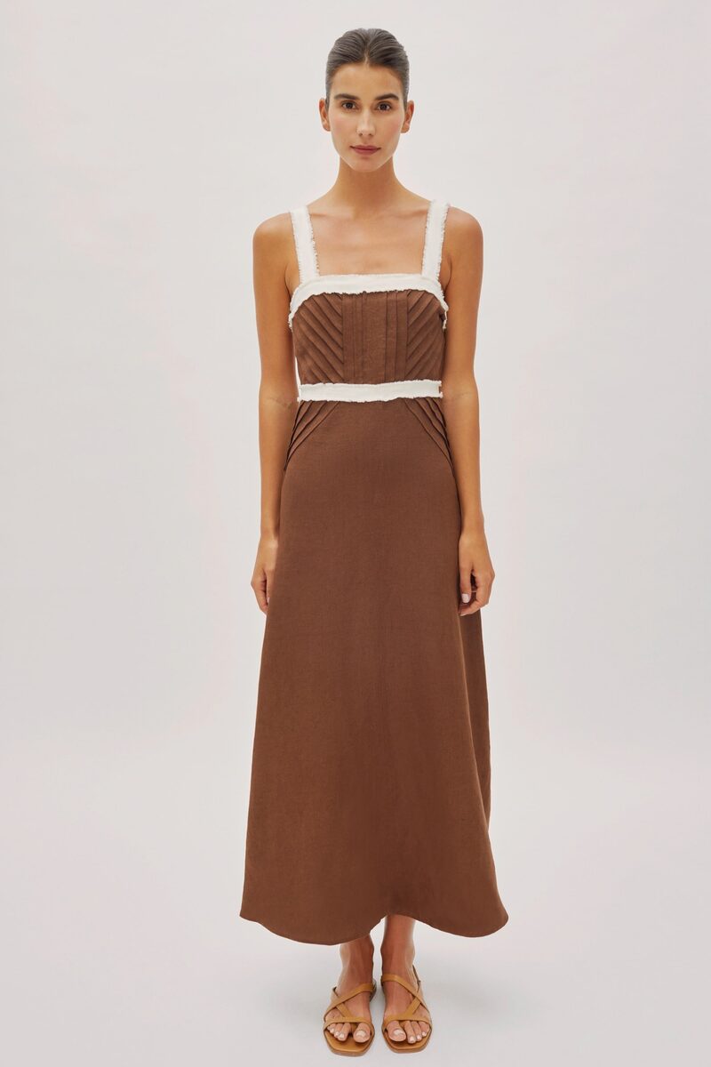 Sicily Cappuccino and Ecru Linen Contrast Strap Midi Dress