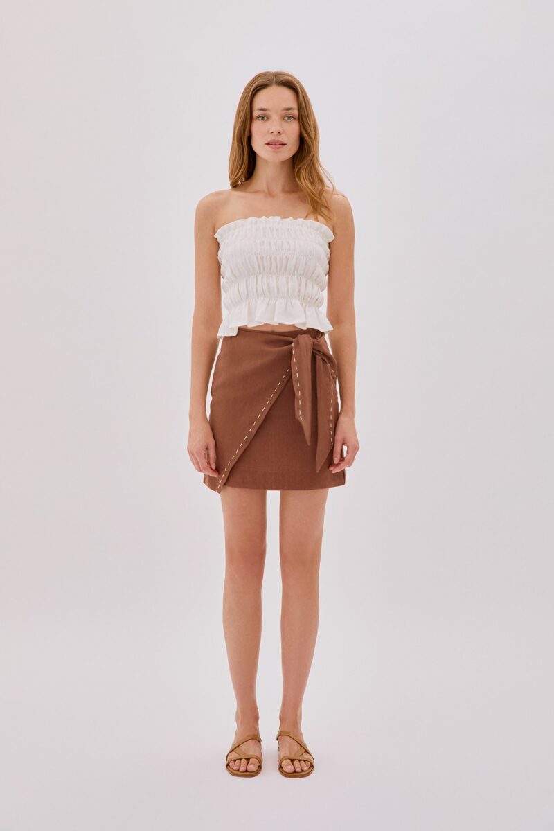 Eva Ecru Strapless Shirred Linen Top