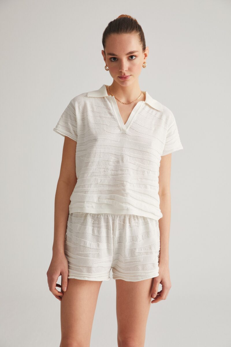 Ecru Textured Polo T-Shirt