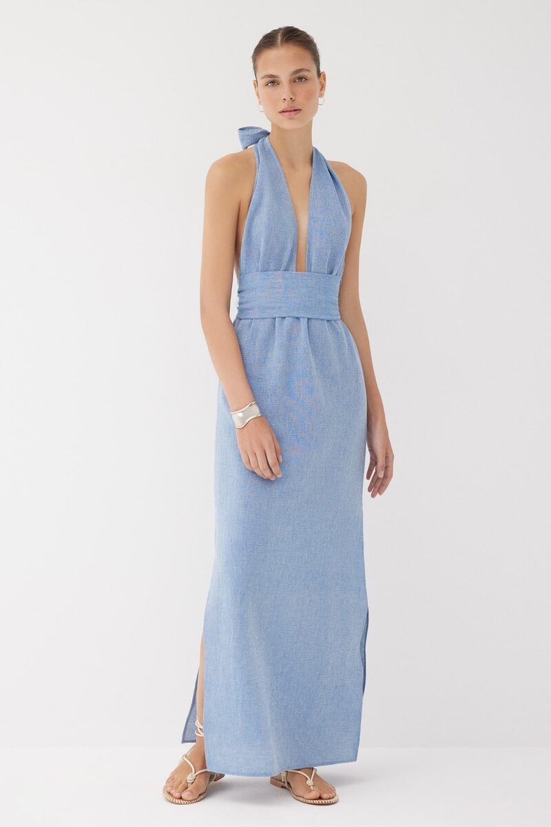 Meri Powder Blue Halter Neck Plunge Dress