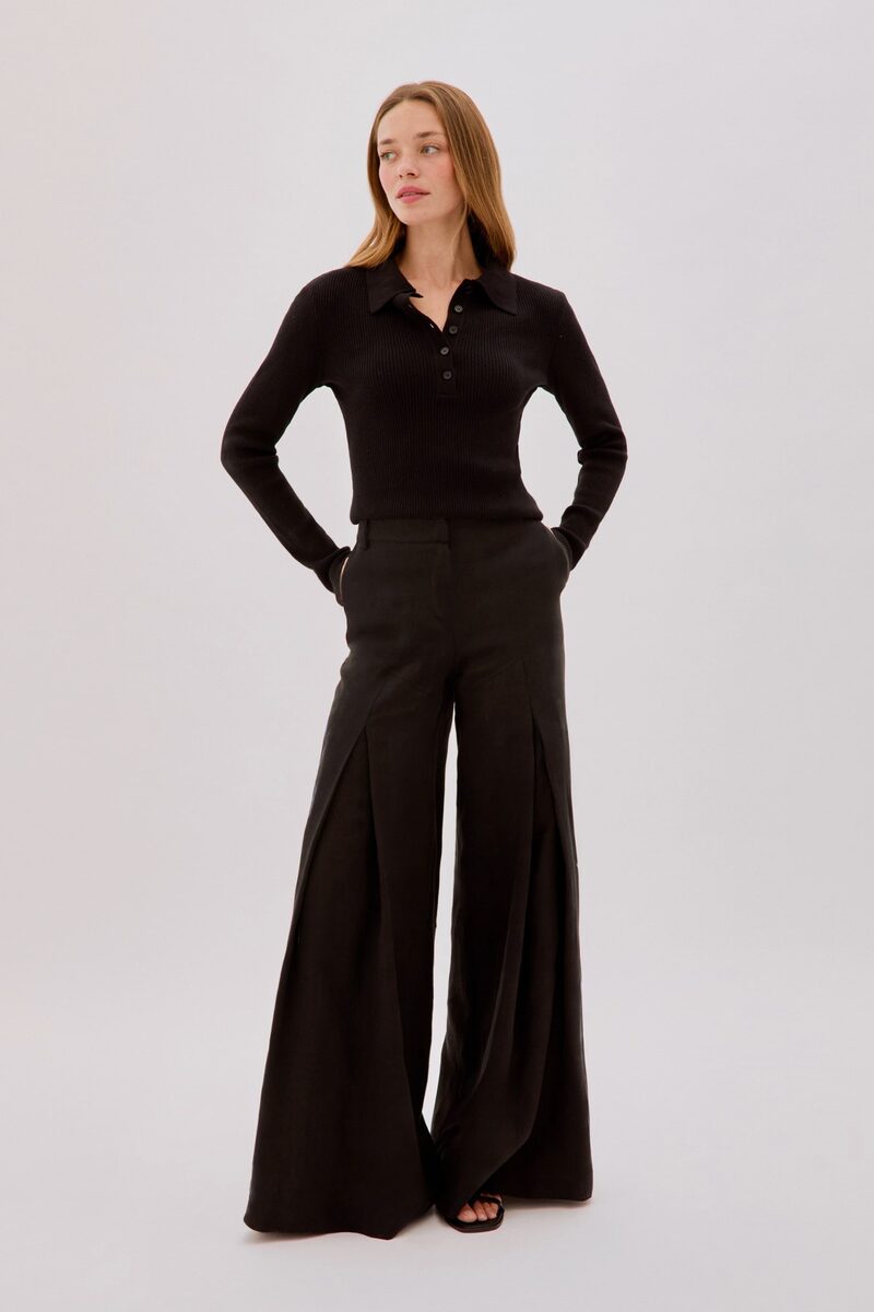 Polly Black Linen Open Flare Pants