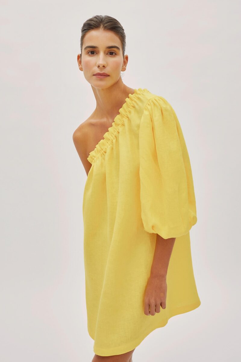 Florence Lemon Yellow Linen One Sleeve Mini Dress