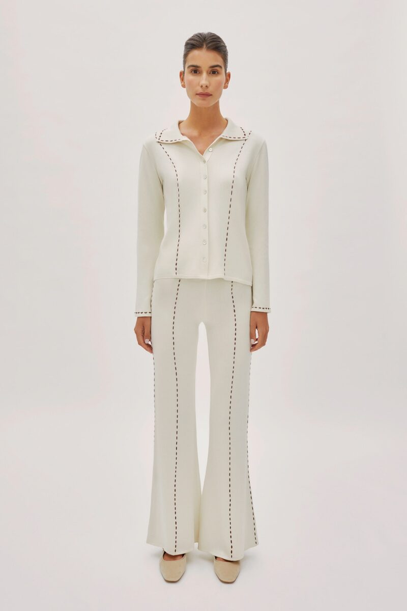 Marina Ecru Contrast Stitch Flared Pants