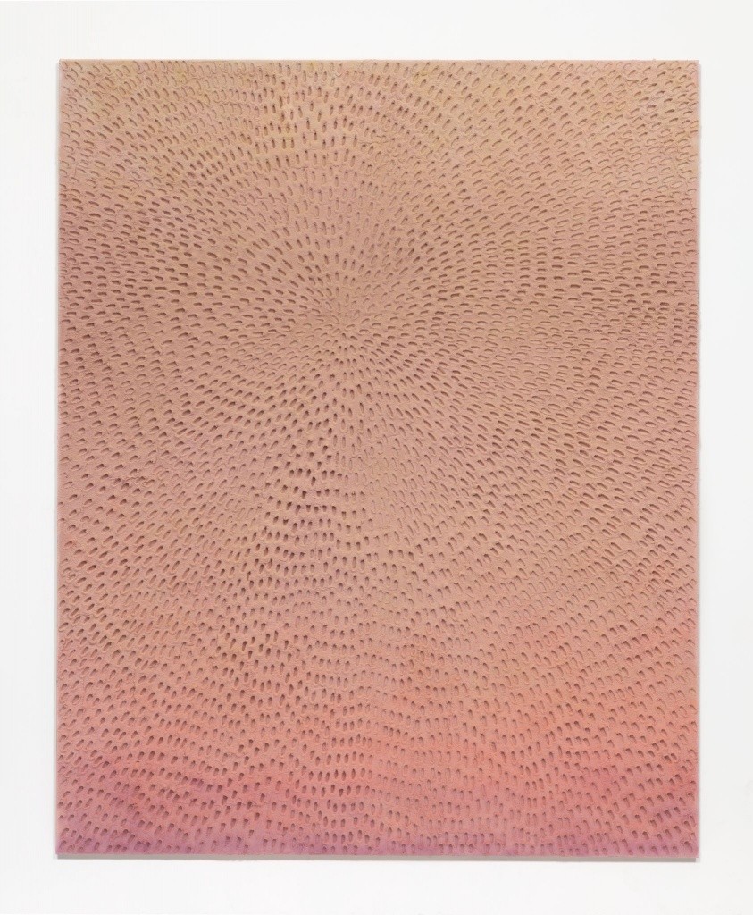 In the morning I watch you rise (Painted light pink grey sand SF#2F, yellow orange, pink and lavender), 2017