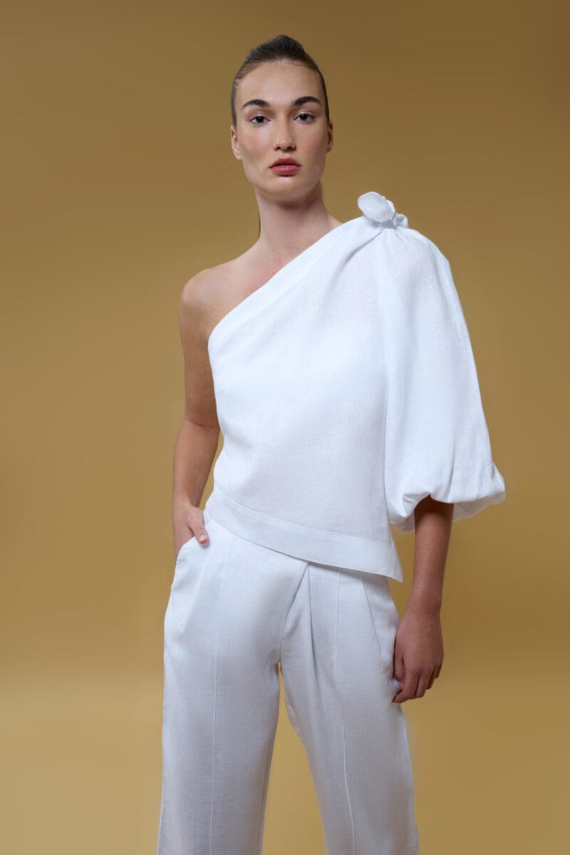 Naomi White One Sleeve Backless Linen Top